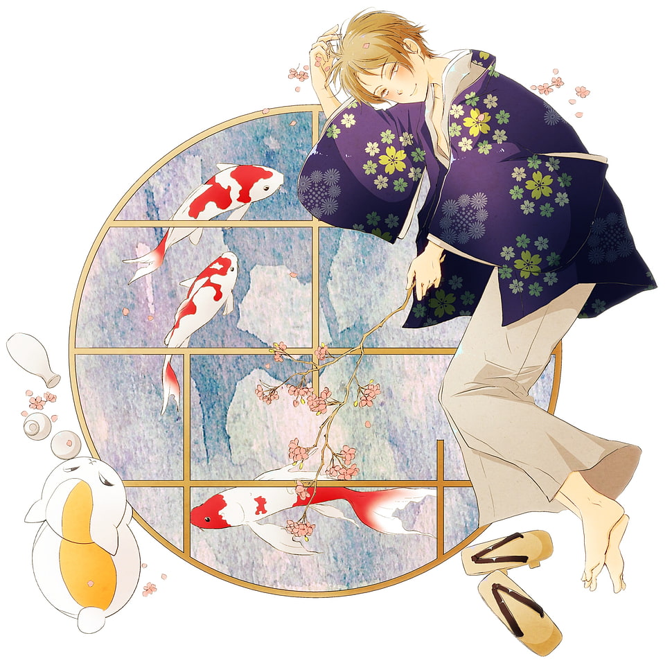 white and blue floral print hanging decor, Natsume Book of Friends, Natsume Yuujinchou, anime HD wallpaper