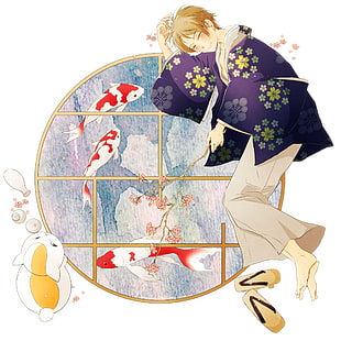 white and blue floral print hanging decor, Natsume Book of Friends, Natsume Yuujinchou, anime