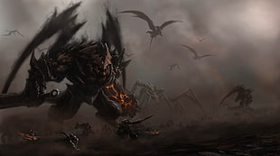 black and brown monster holding sword illustration, artwork, fantasy art