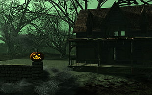 red and brown wooden house, Halloween, pumpkin
