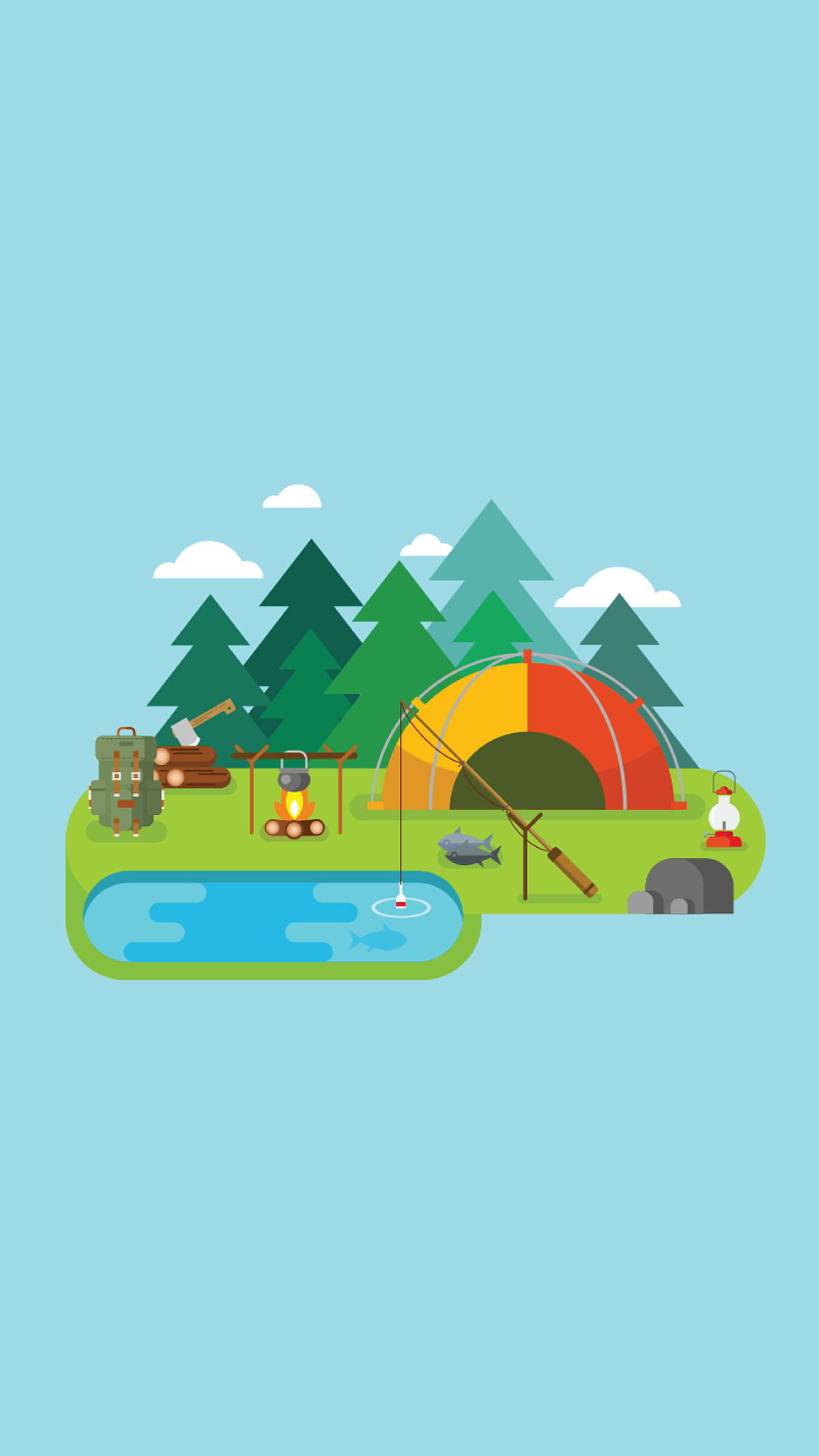 green, yellow, and red tent illustration, camping, minimalism HD wallpaper