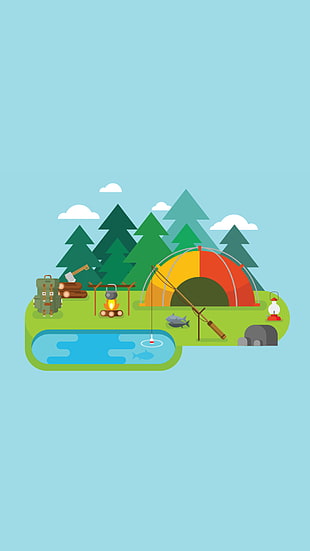 green, yellow, and red tent illustration, camping, minimalism