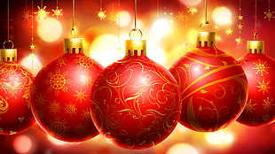 five red baubles, Christmas HD wallpaper