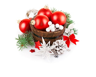 brown wooden basket with red bauble
