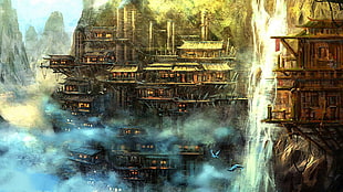 temples illustration, fantasy art, waterfall, fantasy city HD wallpaper