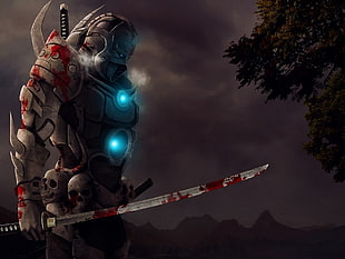 robot swordsman wallpaper, warrior, katana, blood, video games