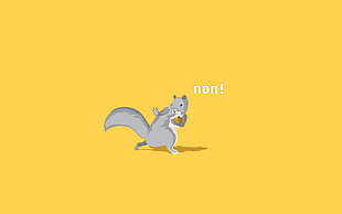 gray squirrel illustration, humor, yellow background, squirrel, minimalism HD wallpaper