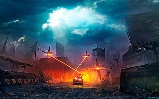 apocalyptic, futuristic, lasers, road