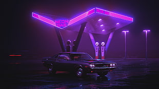 black Dodge Challenger near Neon Gas gas station HD wallpaper