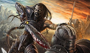 graphic wallpaper of man holding a sword in front of person in armor's neck while holding his helmet