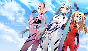 three anime characters, Hatsune Miku, anime, Vocaloid, Neon Genesis Evangelion HD wallpaper