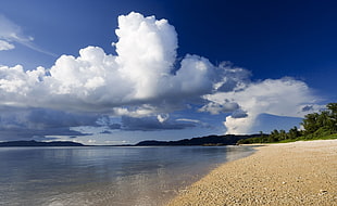 cumulus clouds over calm body of water HD wallpaper