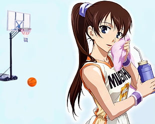 woman in white and orange basketball jersey top holding purple squeeze bottle anime illustration screenshot