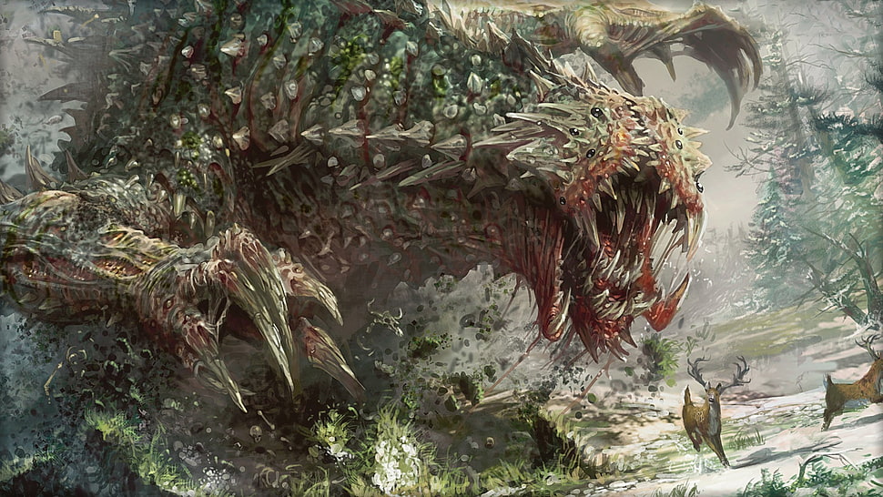 brown and green dragon-like monster, creature, fantasy art HD wallpaper