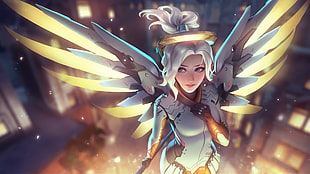 white haired woman with wings anime character illustration