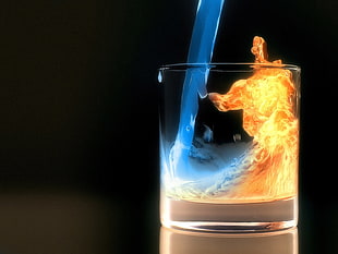 clear shot glass, water, fire, glass, liquid