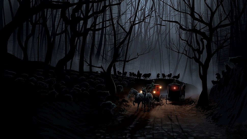 black carriage illustration, forest, wolf, trees, artwork HD wallpaper