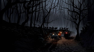 black carriage illustration, forest, wolf, trees, artwork