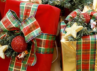 two red and green gift boxes