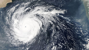 blue and white hurricane satellite photo, storm HD wallpaper