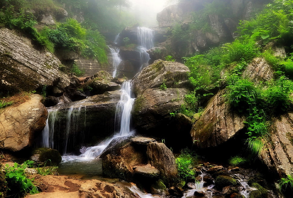 waterfalls at daytime, waterfall, nature, landscape, mountains HD wallpaper