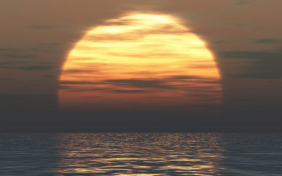 yellow sun, sunset, sea, nature, water HD wallpaper