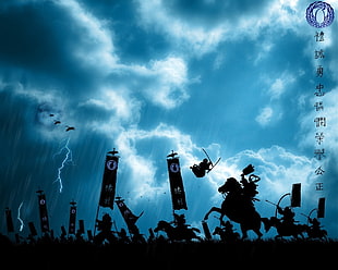 silhouette of warriors riding horses during storm digital wallpaper