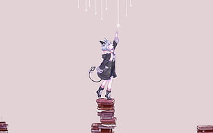 white-haired female character, nekomimi, books, snow HD wallpaper