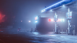 gray and blue gasoline station, night, long exposure, street, street light