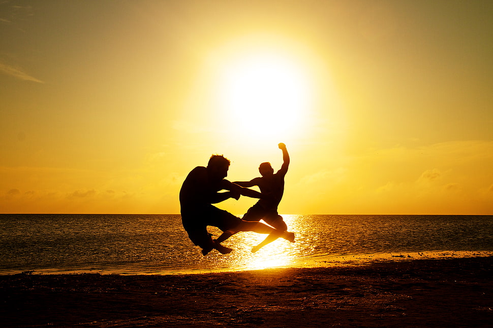 silhouette photo of two men jumping in seashore during golden hour HD wallpaper