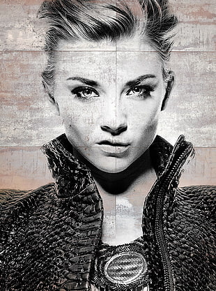female grayscale photo 6-panel painting, Natalie Dormer , actress
