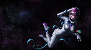 purple haired female astronaut digital wallpaper, artwork, science fiction