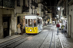 yellow and white bus, photography, city, Portugal, Lisbon