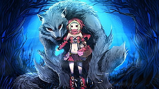 anime version of little red riding hood and gray wolf HD wallpaper