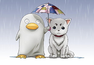 Gintama pet dog and duck digital wallpaper, anime, simple background, umbrella, duck