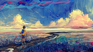 boy holding bike while walking on pathway painting, fantasy art, painting