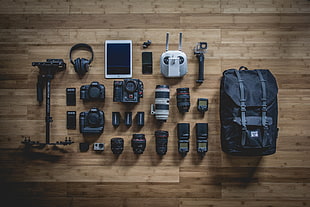 black DSLR camera with accessories, bag, technology, camera, photography HD wallpaper