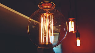 brass-colored lamp, photography, light bulb, red