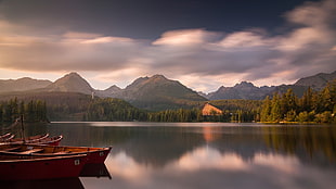 red canoes, water, boat, lake, mountains