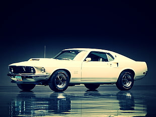 white coupe, Ford Mustang, white, car