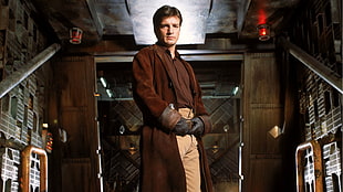man in brown coat standing inside the house, Firefly, Nathan Fillion