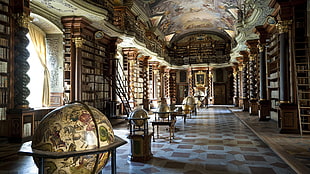 several wine globes, library, interior, globes, books HD wallpaper