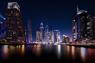 black and gray buildings, city, cityscape, night, Dubai HD wallpaper