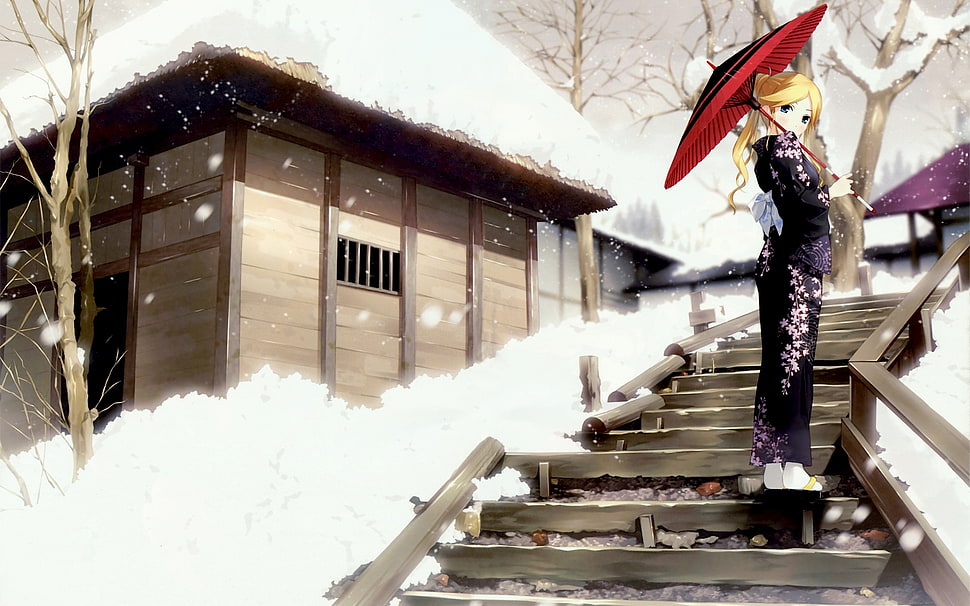 girl anime standing on wooden stair under snow HD wallpaper