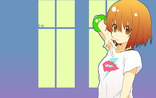 brown hair female anime character illustration