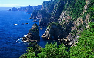 mountains near body of water, landscape, sea, cliff, nature