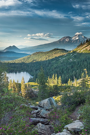 mountain peak near body of water, forest, Mount Shasta, California, Heart Lake