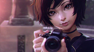 brown haired anime character illustration, anime girls, camera, photography