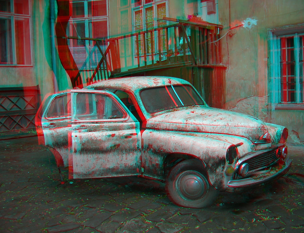 classic white hatchback, saab, 3D, car, rust HD wallpaper