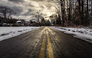 gray concrete road, snow, road, winter, house